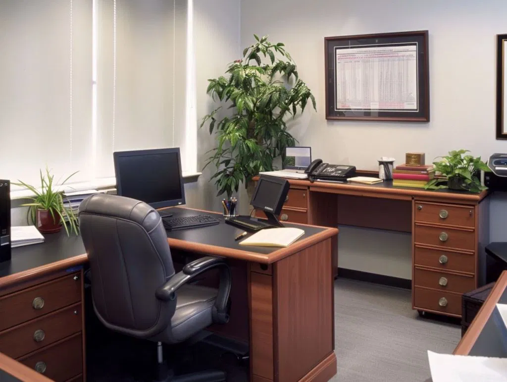 Professional office cleaning team in Dallas, TX sanitizing executive workstations